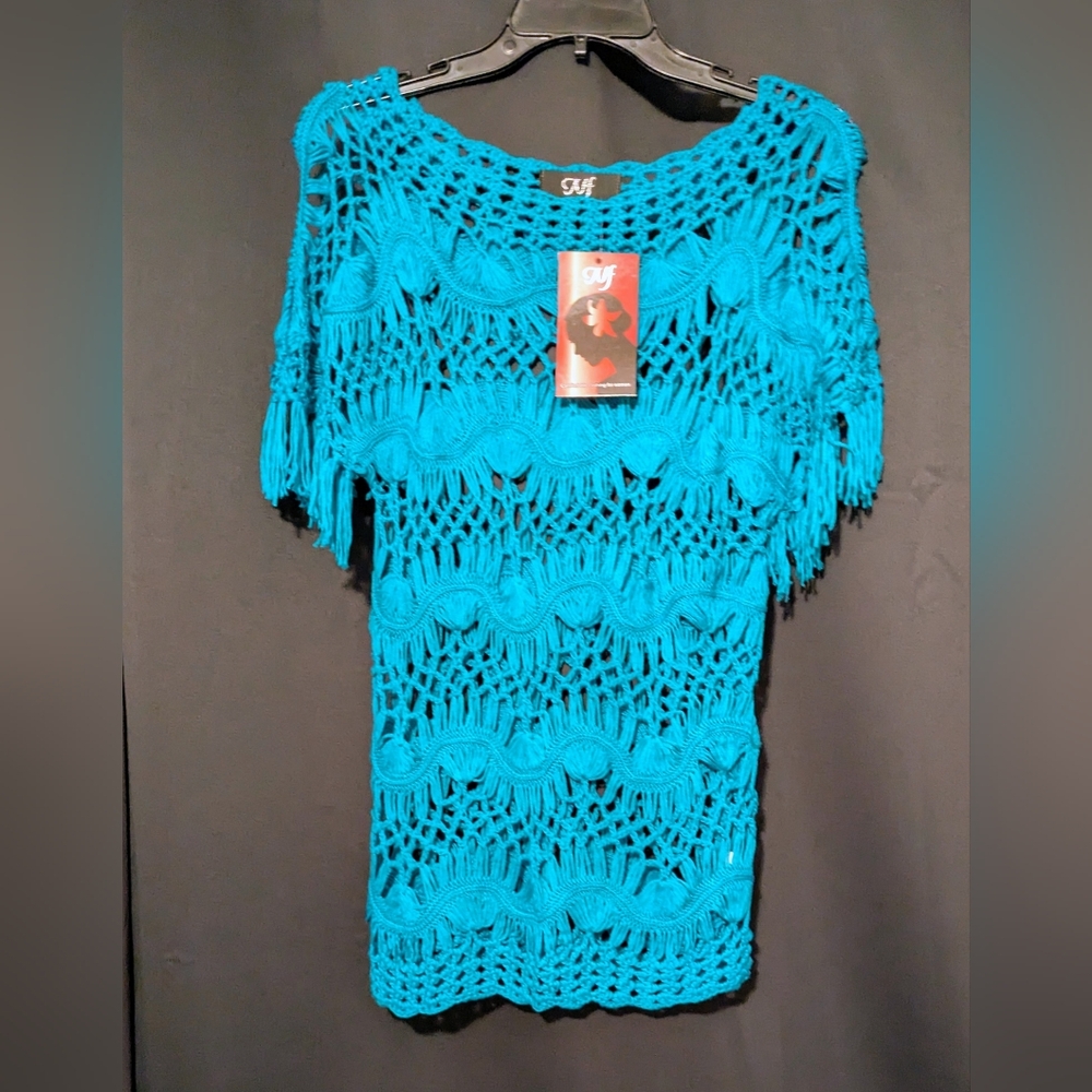 Teal Crochet Knit Top Made By NF Home Spun Fabric Free Size 100% Cotton
